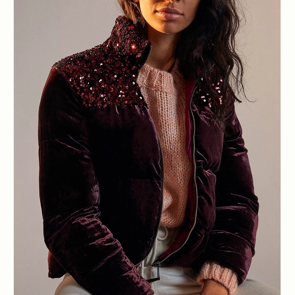 Maeve Anthropologie Vera Sequined Velvet Puffer Jacket Small - Picture 1 of 16